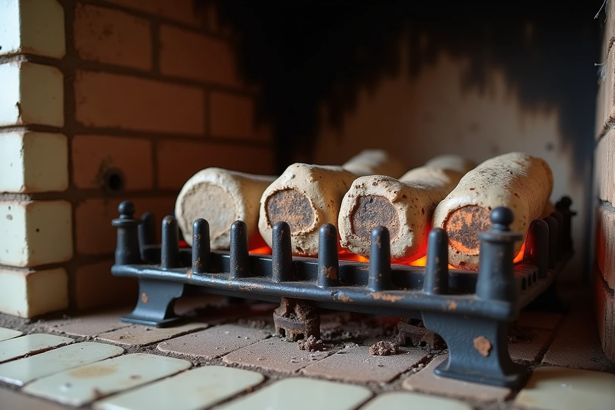 Intérieur d'un foyer au gaz avec des dépôts de suie et des marques de brûlure causés par la combustion de bois, montrant les dommages sur le brûleur et les bûches en céramique