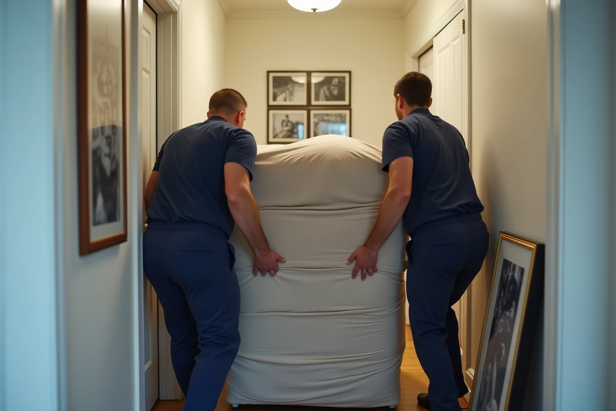 Déménageurs professionnels transportant une commode emballée dans un couloir d'appartement le jour du déménagement