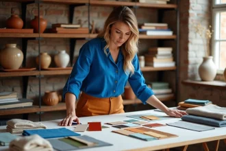 Designer arrangeant des échantillons de couleurs complémentaires bleu et orange dans un studio créatif chaleureux