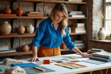 Designer arrangeant des échantillons de couleurs complémentaires bleu et orange dans un studio créatif chaleureux