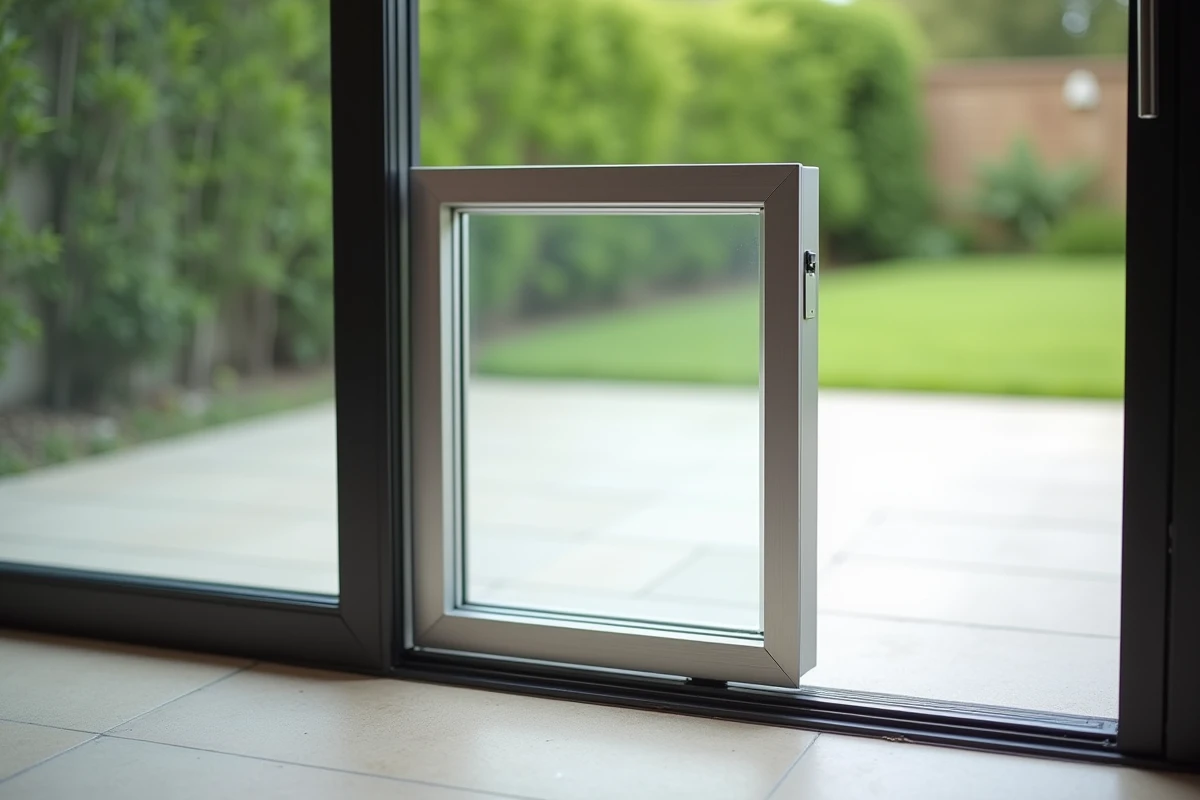 Détail d'une chatière amovible grand format avec cadre aluminium et volet transparent magnétique installée dans une porte-fenêtre