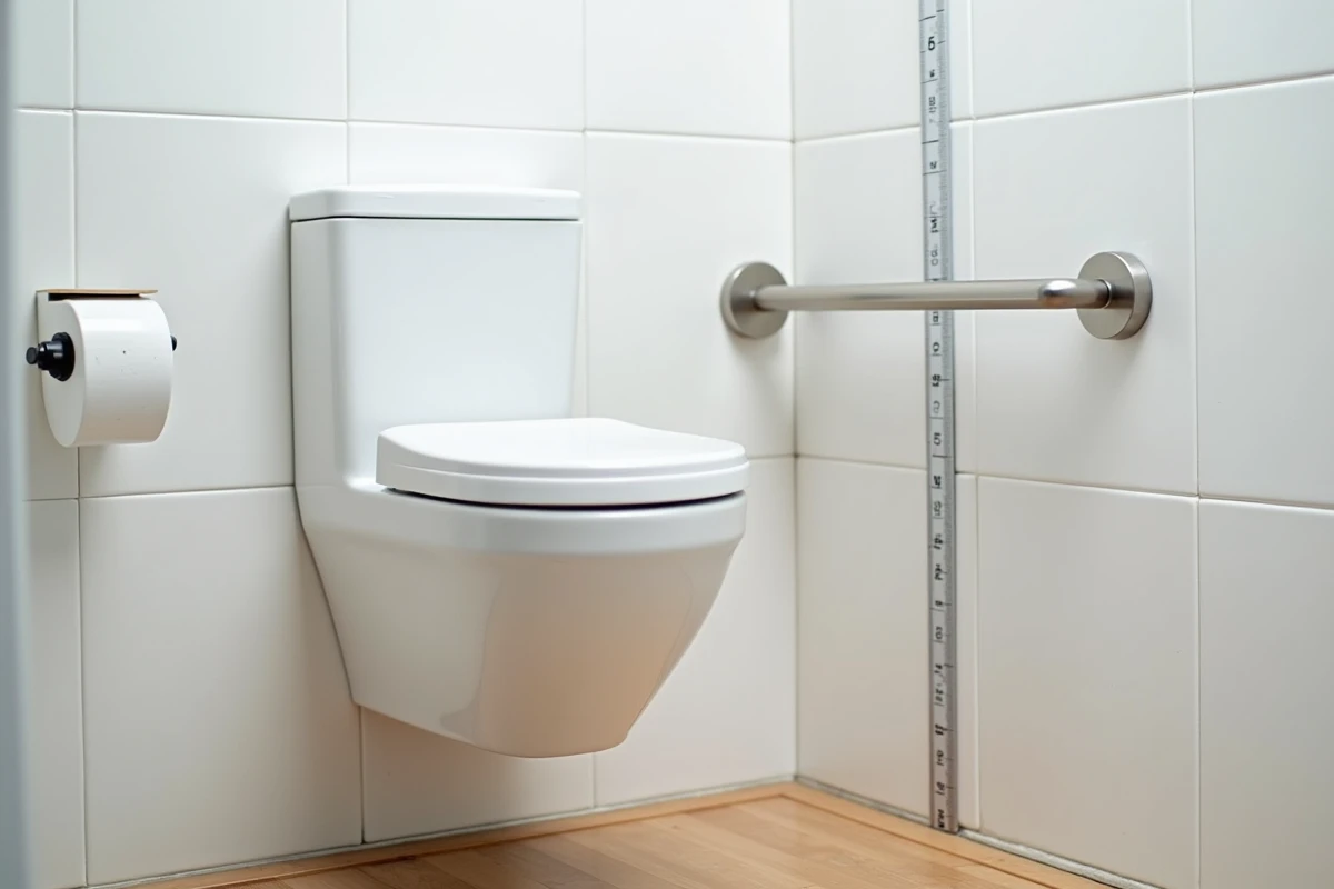 Détail d'un WC adapté PMR avec barre d'appui rabattable et positionnement réglementaire pour personne à mobilité réduite