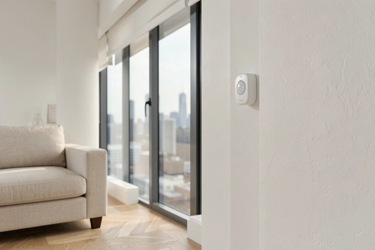 Détecteur d'alarme Homiris installé sur la fenêtre d'un salon d'appartement avec vue sur la ville
