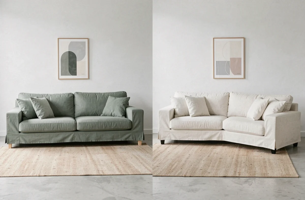 Deux ambiances de salon créées avec un seul protège canapé angle réversible vert sauge et blanc cassé style scandinave
