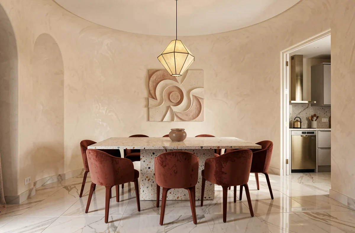 Salle à manger au design italien contemporain à Grenoble par Di Dia Disegno avec terrazzo et velours terracotta
