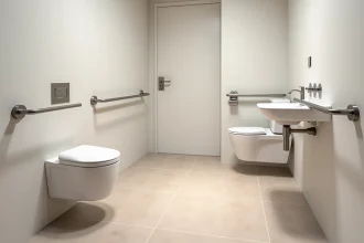 Salle de bain accessible PMR spacieuse avec WC suspendu, barres d'appui et espace de manœuvre pour fauteuil roulant