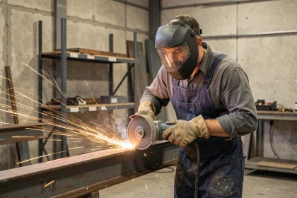 Ouvrier utilisant un disque à tronçonner métal sur une poutre en acier dans un atelier industriel avec équipement de protection individuelle