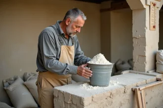 Maçon dosant de la chaux hydratée dans un seau métallique sur un chantier de mur en pierre avec tableau de dosage visible