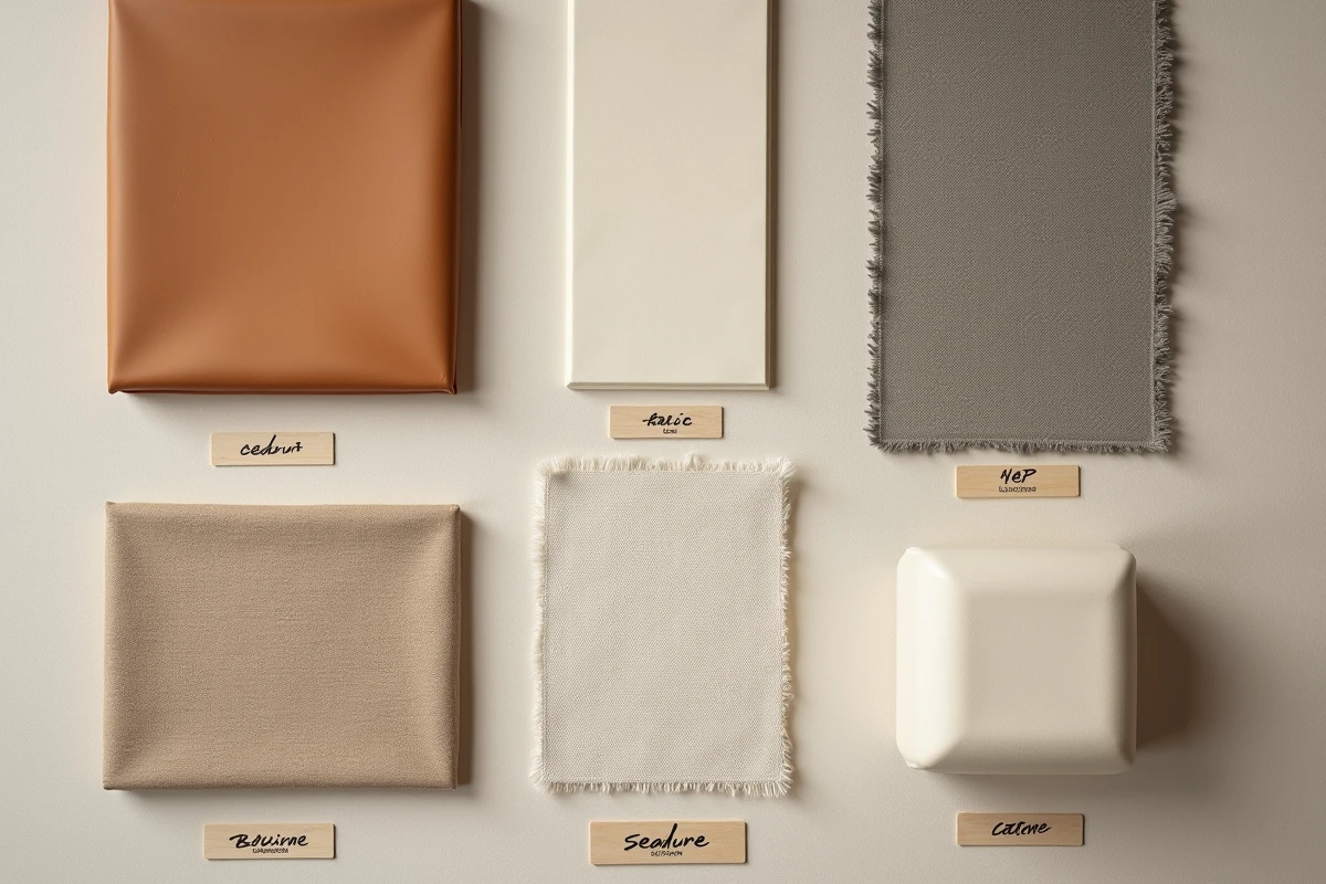 Échantillons de matériaux pour chaise disposés en flat lay : mousse, mesh respirant, cuir et tissu d'ameublement