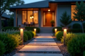 Allée de jardin avec éclairage LED extérieur basse tension guidant vers l'entrée d'une maison moderne au crépuscule