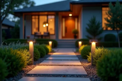 Allée de jardin avec éclairage LED extérieur basse tension guidant vers l'entrée d'une maison moderne au crépuscule