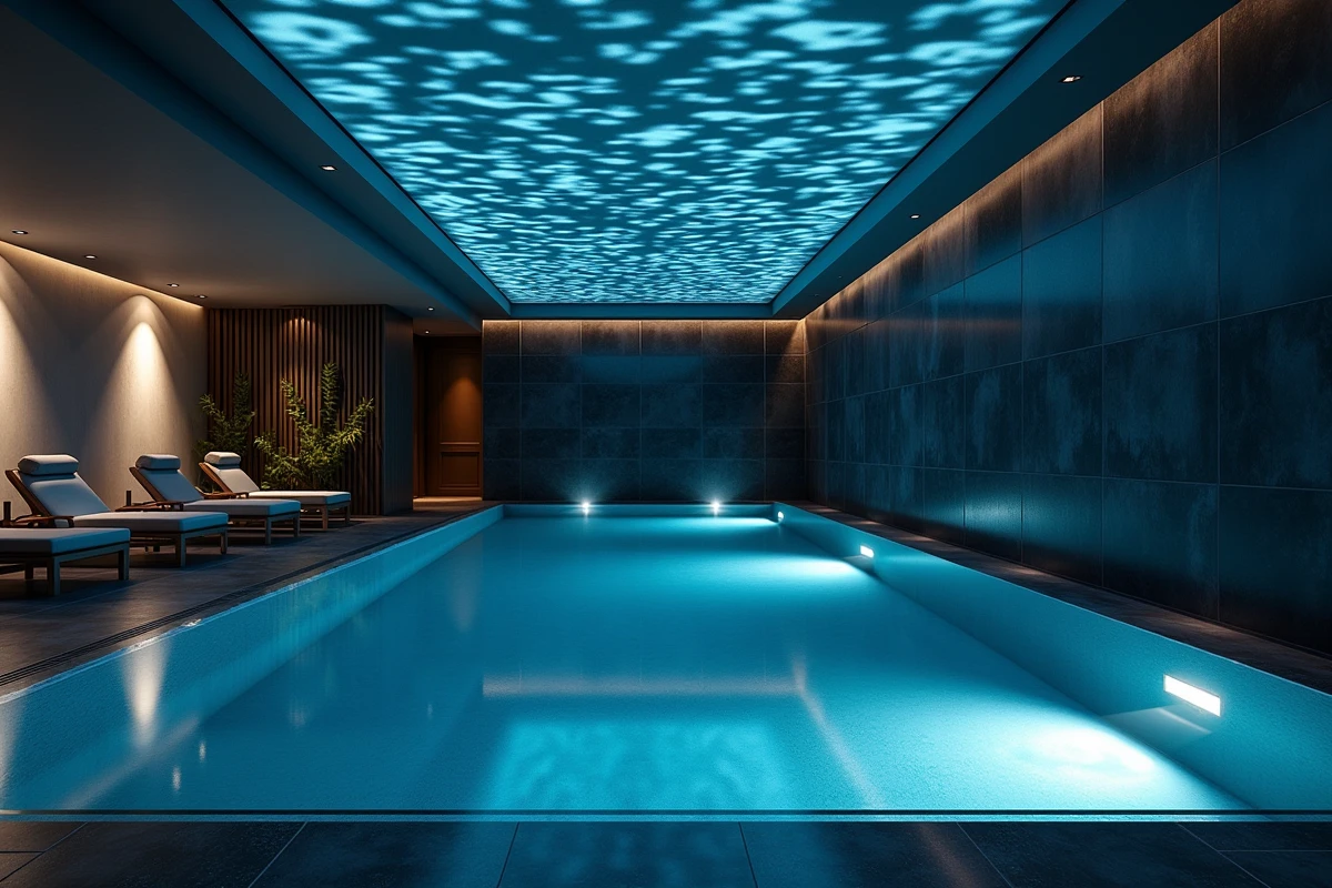 Piscine intérieure moderne avec spots encastrés au fond du bassin créant des reflets géométriques sur les murs