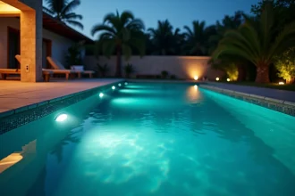 Piscine extérieure avec éclairages LED sous-marins positionnés sur les parois latérales, vue grand angle au crépuscule