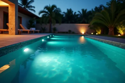 Piscine extérieure avec éclairages LED sous-marins positionnés sur les parois latérales, vue grand angle au crépuscule