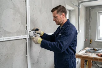 Électricien installant une prise dans une goulotte électrique en PVC sur un mur en béton lors de travaux de rénovation