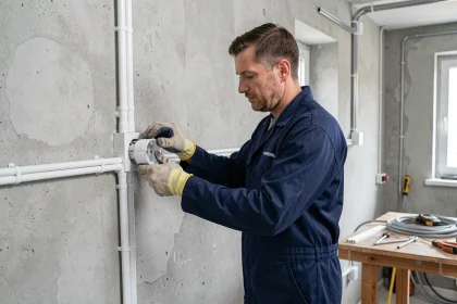 Électricien installant une prise dans une goulotte électrique en PVC sur un mur en béton lors de travaux de rénovation