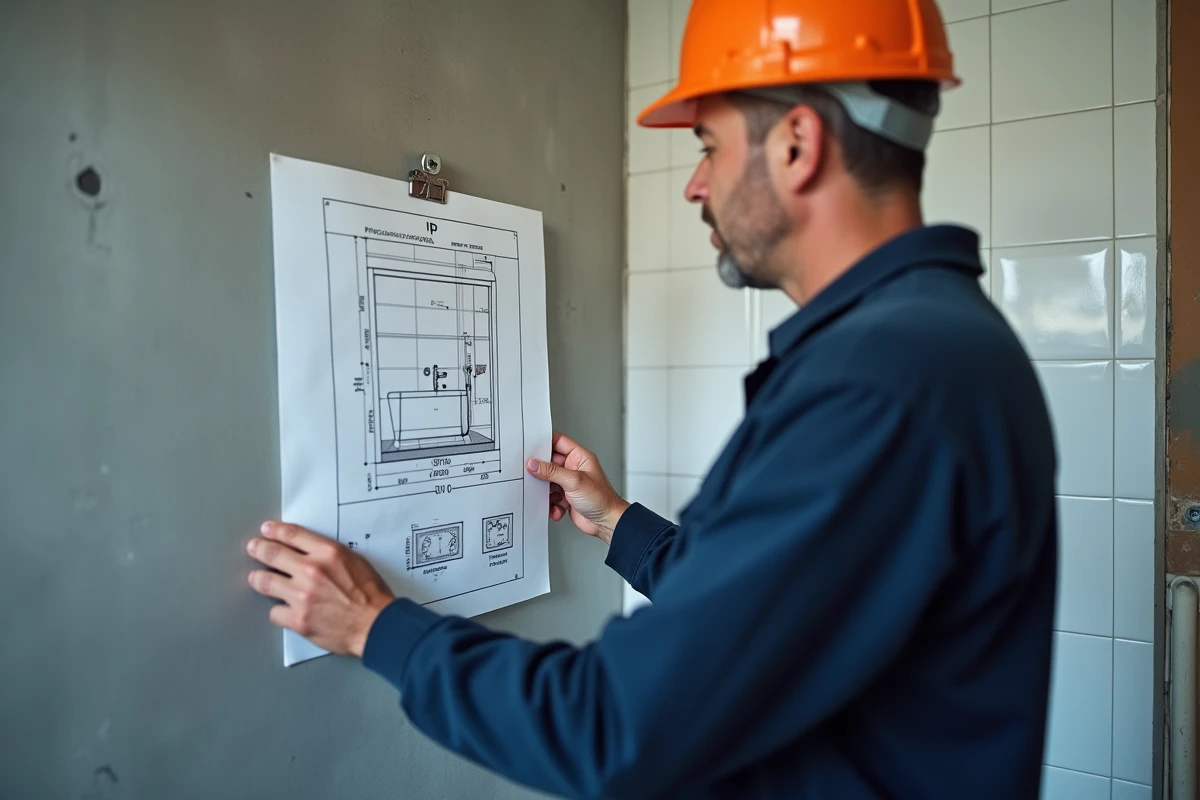 Électricien consultant un schéma des volumes de protection IP44 en salle de bains lors d'une rénovation