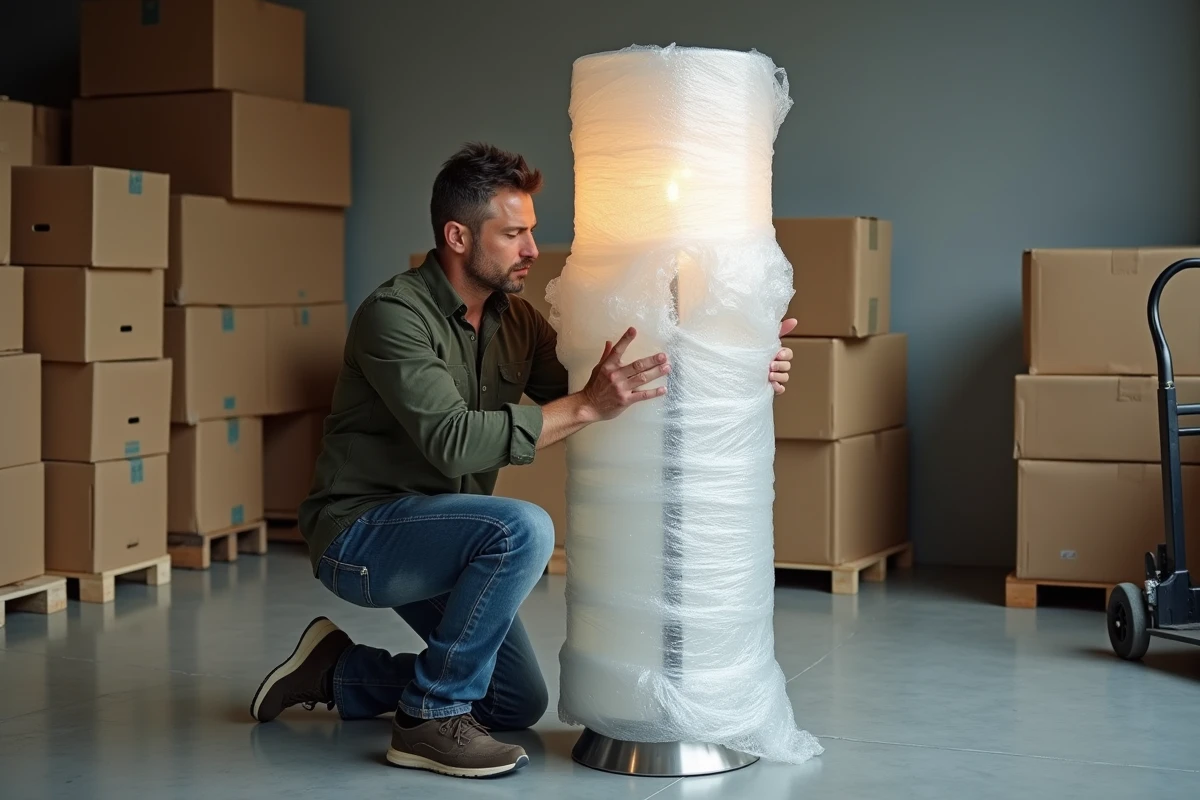 Homme emballant un grand lampadaire encombrant avec du papier bulle dans un entrepôt de déménagement