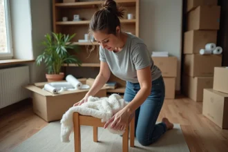 Femme qui emballe un meuble avec des couvertures de déménagement et du film étirable avant l'arrivée des déménageurs