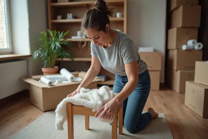 Femme qui emballe un meuble avec des couvertures de déménagement et du film étirable avant l'arrivée des déménageurs