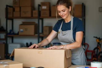 Femme emballant un grand carton encombrant avec du papier kraft sur un établi en bois dans un garage