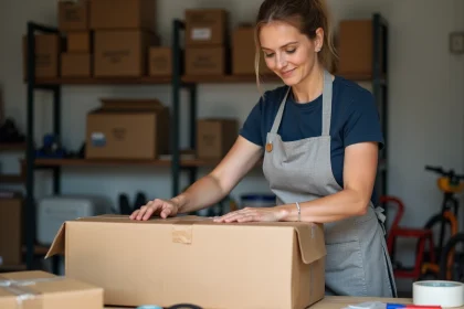 Femme emballant un grand carton encombrant avec du papier kraft sur un établi en bois dans un garage