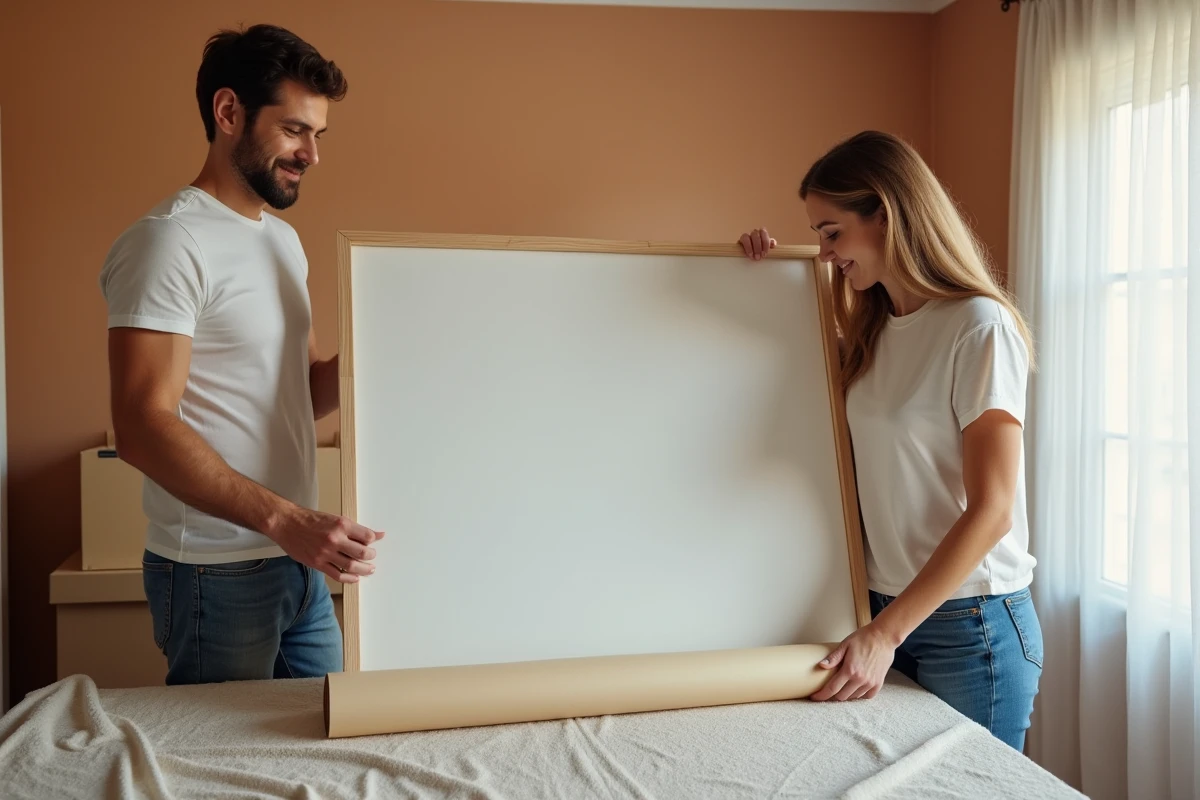 Deux personnes emballant un grand tableau encombrant avec du film étirable et de la mousse protectrice dans une cuisine lors d'un déménagement