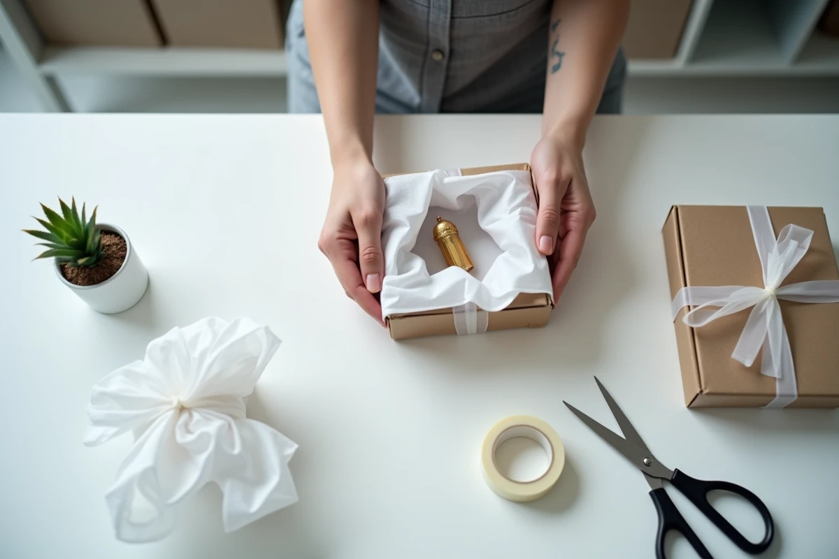 Gros plan de mains emballant une figurine en verre fragile dans du papier de soie