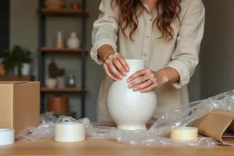 Femme emballant un vase en céramique fragile avec du papier bulle sur une table en bois