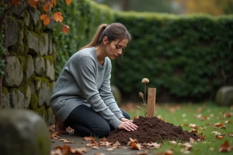 Femme agenouillée devant une tombe de chat dans un jardin automnal, tenant une fleur séchée près d'un marqueur en bois