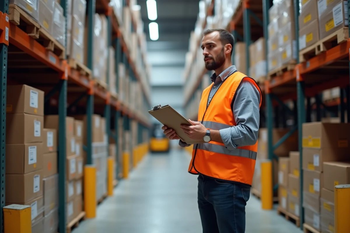 Agent logistique en entrepôt de distribution européen contrôlant des stocks de produits de grande consommation importés