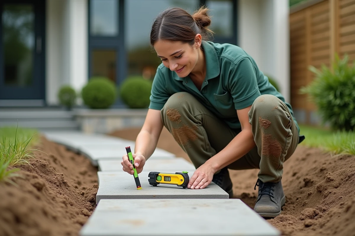 Entreprise d'aménagement paysager posant une allée en pierre naturelle dans un jardin en cours de rénovation