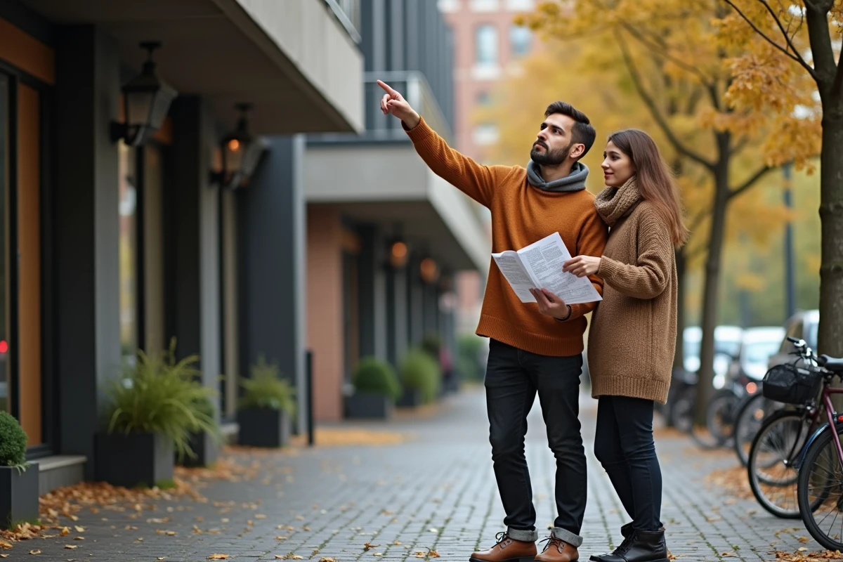 Couple explorant la façade d'un immeuble dans une rue pavée en automne avec une carte à la main
