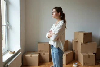 Femme pensive debout devant une fenêtre entourée de cartons de déménagement dans un appartement épuré