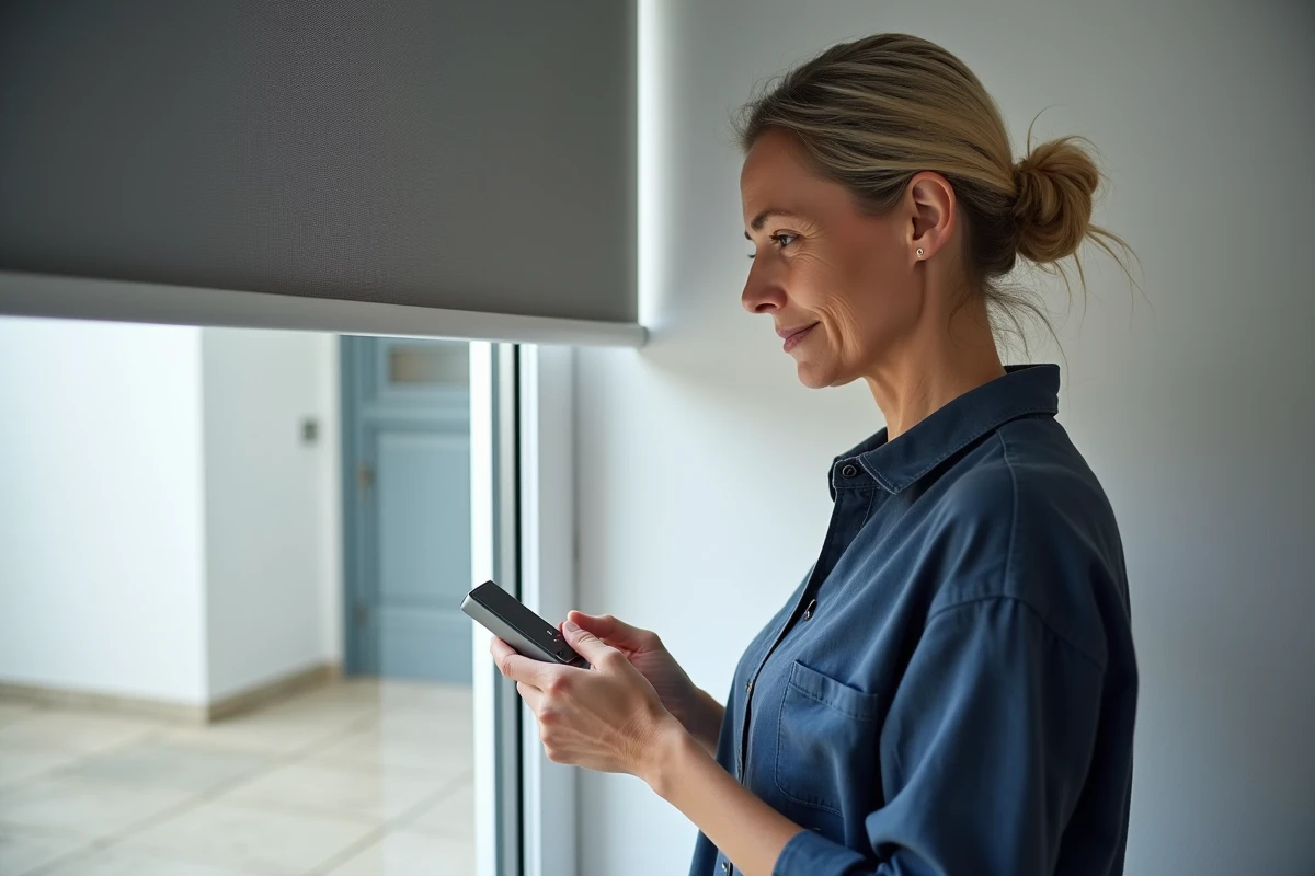 Femme tenant une télécommande Somfy RTS face à un volet roulant bloqué à mi-hauteur, problème de programmation