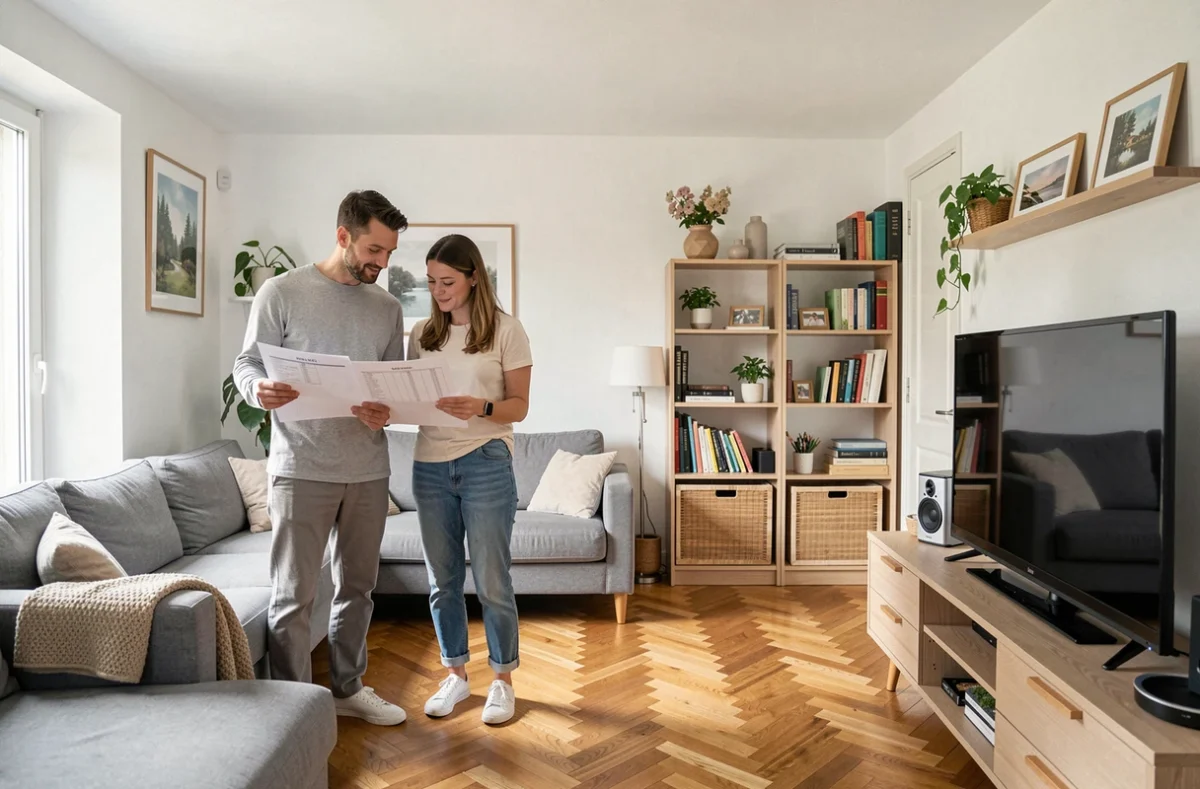 Couple estimant la valeur de leurs biens mobiliers dans leur salon pour une déclaration d'assurance habitation