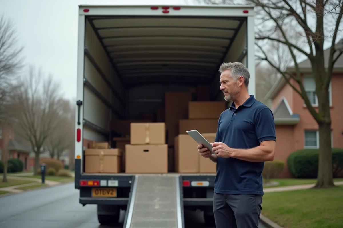 Homme estimant le volume de mobilier devant un camion de déménagement ouvert dans une allée résidentielle