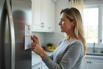 Femme dans une cuisine moderne examinant l'étiquette énergie classe F d'un réfrigérateur en inox