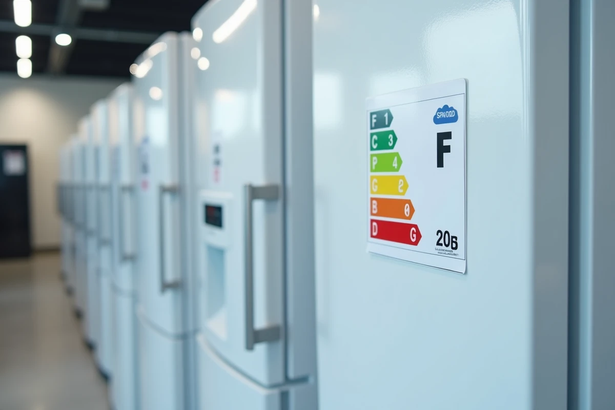 Étiquette énergie européenne classe F en gros plan sur la porte d'un réfrigérateur blanc dans un magasin d'électroménager