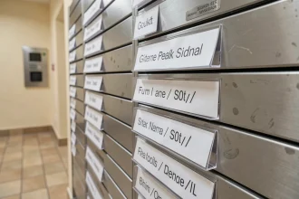 Boîte aux lettres d'immeuble avec étiquettes imprimées pour colocation affichant plusieurs noms par case
