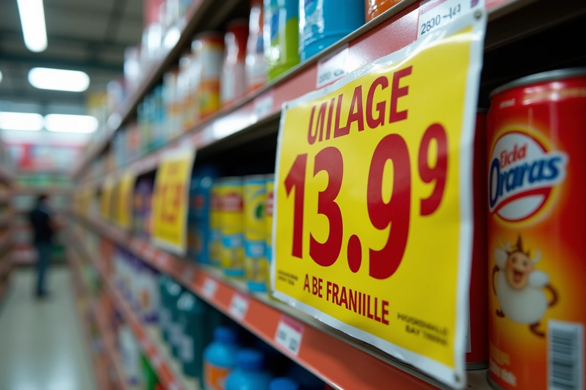 Étiquettes de prix et promotions en gros caractères sur les rayonnages d'un magasin hard-discount rempli de produits du quotidien