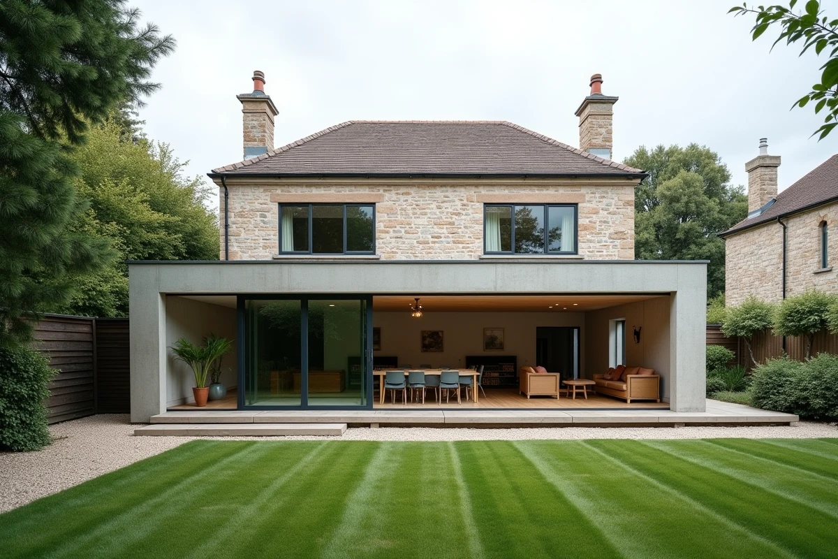 Extension moderne en béton et verre accolée à une maison en pierre illustrant la surface maximale constructible