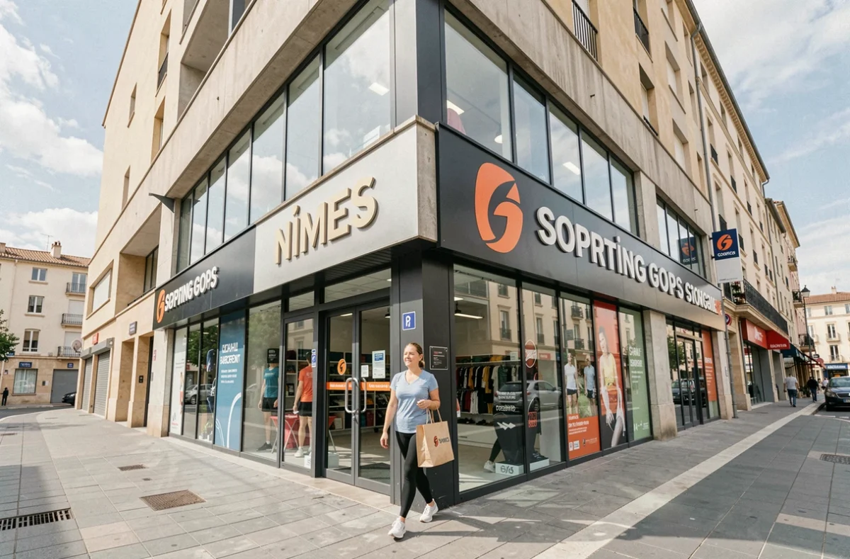 Façade extérieure du magasin Ville Active à Nîmes avec cliente entrant dans la boutique de sport