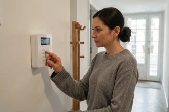 Femme activant un panneau d'alarme Homiris dans le couloir d'un appartement en ville