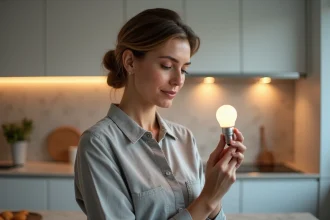 Femme tenant une ampoule LED dans une cuisine moderne avec spots encastrés au plafond