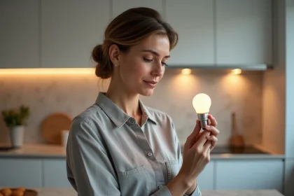 Femme tenant une ampoule LED dans une cuisine moderne avec spots encastrés au plafond