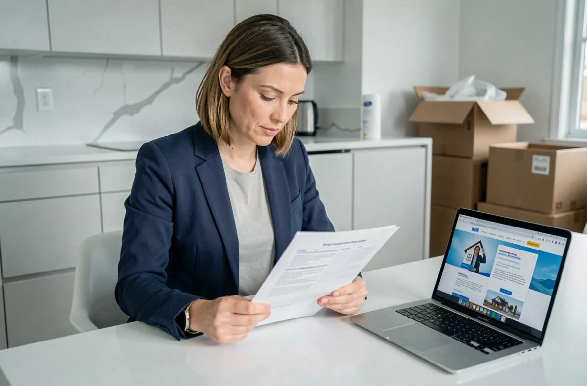 Femme consultant un contrat d'assurance habitation MACIF dans une cuisine de maison neuve