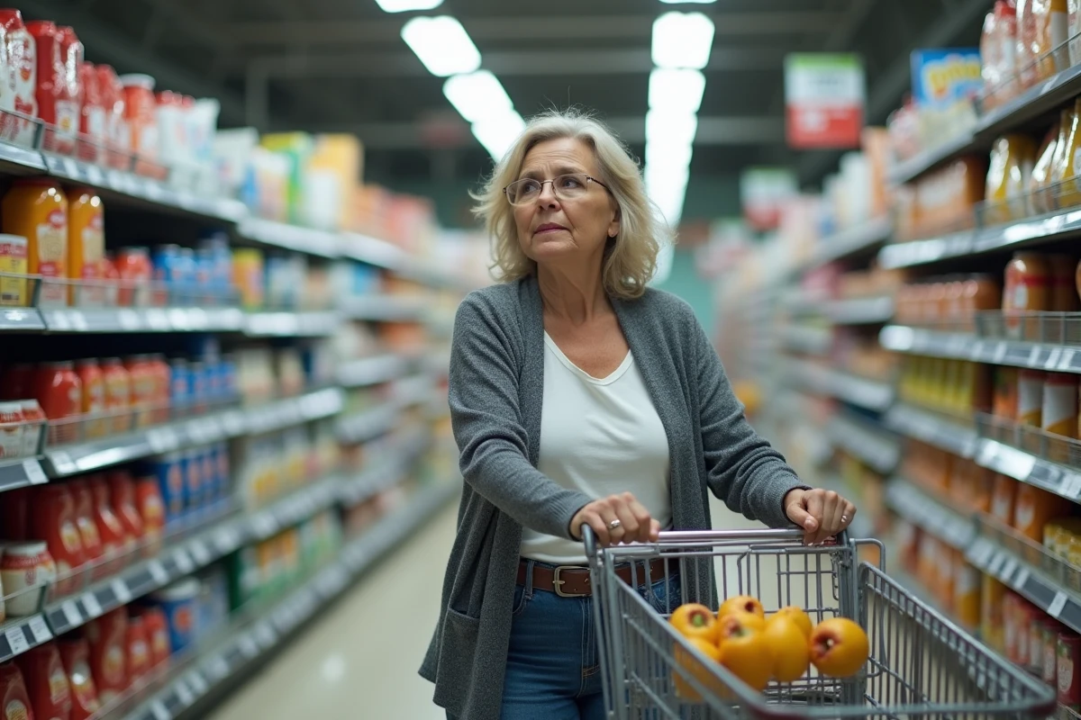 Femme faisant ses courses dans le rayon d'un supermarché discount avec un caddie rempli de produits à prix réduit