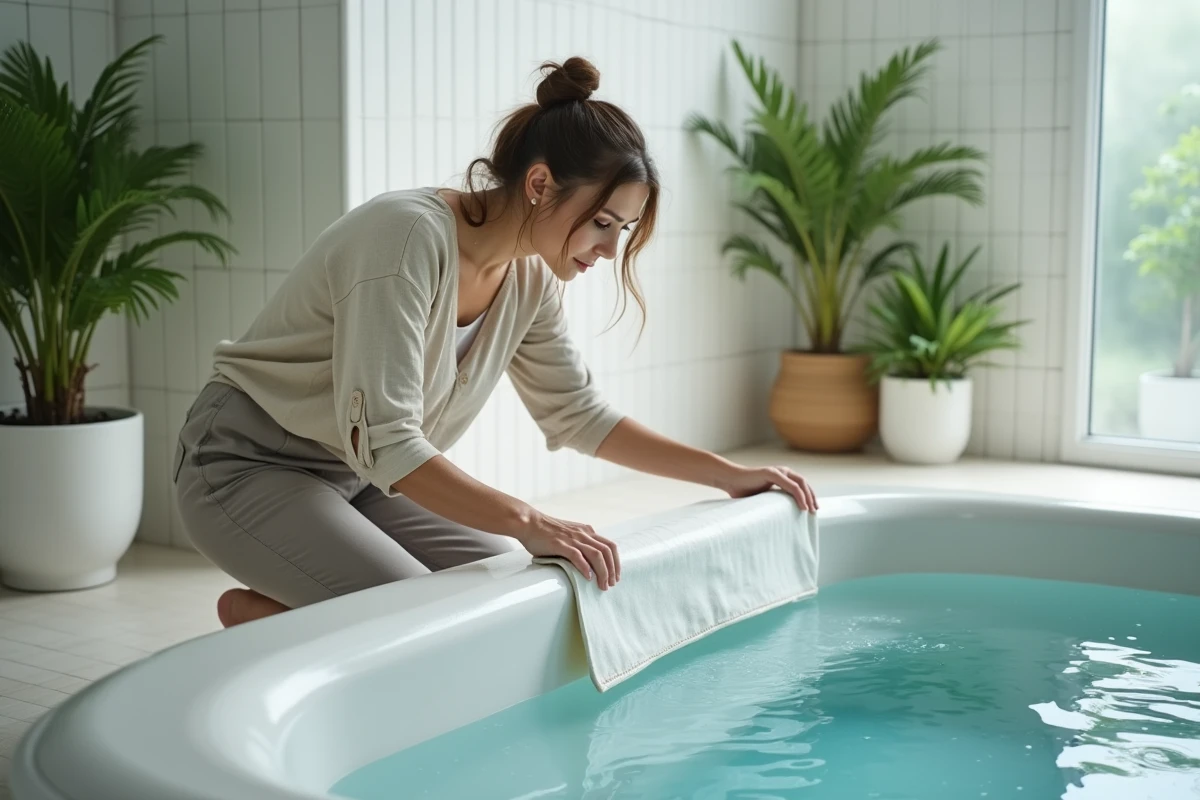 Femme installant une couverture thermique sur un spa intérieur dans une salle de bien-être moderne