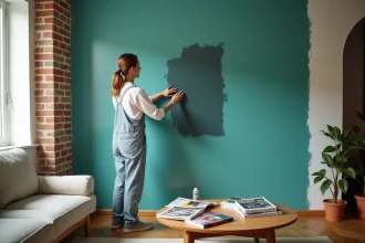 Femme décorant un mur avec une couleur tendance pour dynamiser son salon